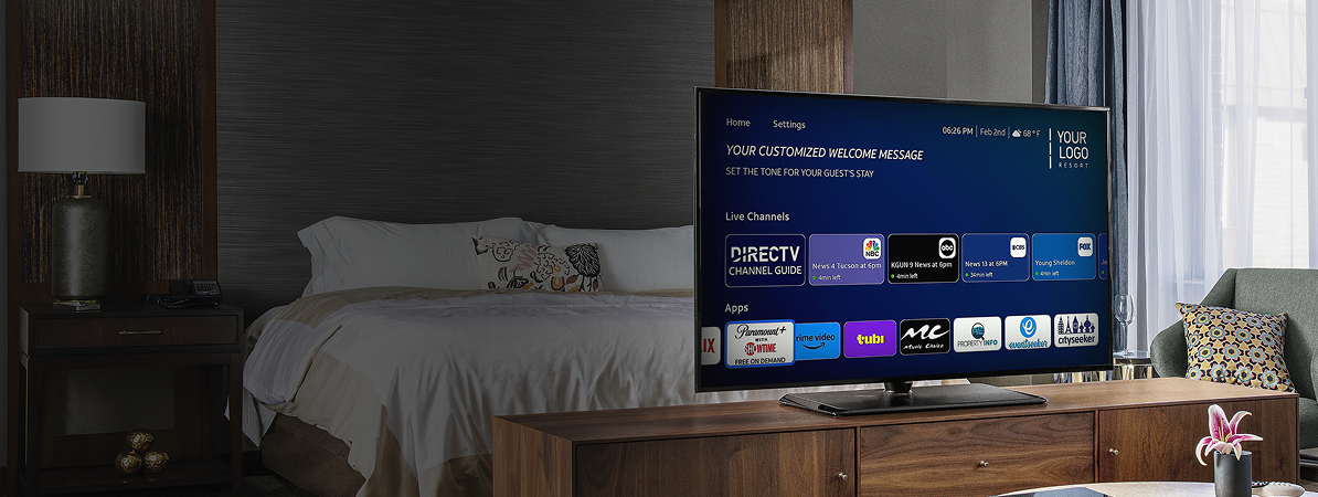 Hotel room with AEP apps and channels on TV